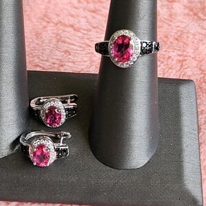 Pink Topaz & Black Spinel Ring & Matching Earrings 925 Silver